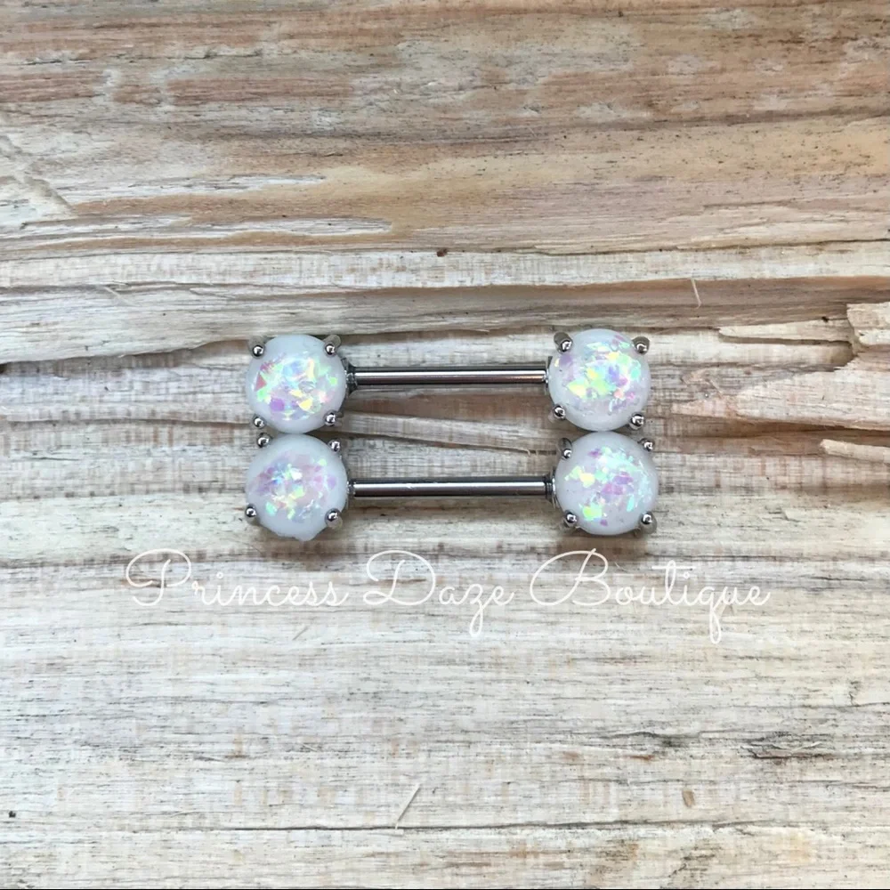 White Opal Prong Nipple Ring Set‎
